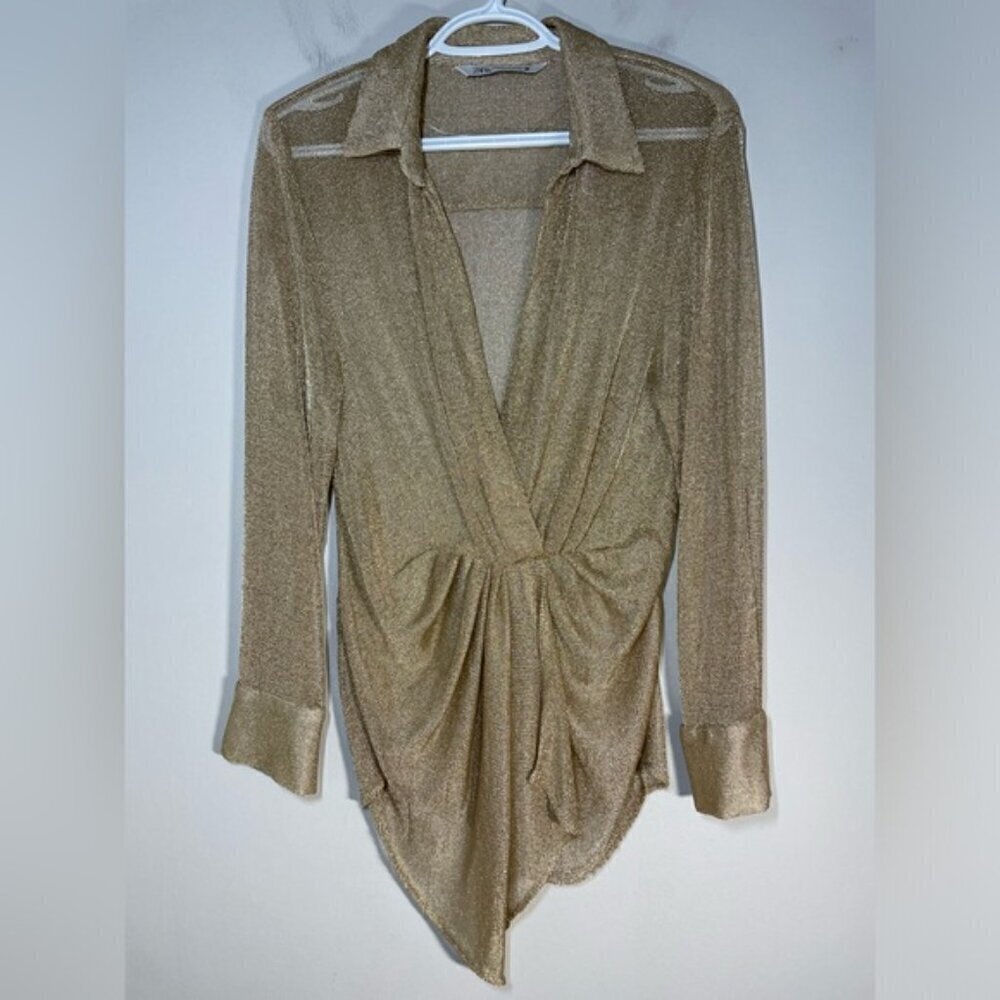 Zara Rose Gold Metallic Thread Pleated Blouse size M - Picture 5 of 11
